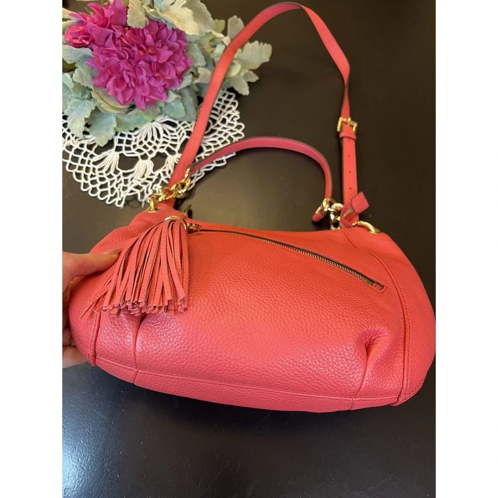 Michael Kors NWT Watermelon Coral Leather Tassle Charm Shoulder Handbag As‎ Is